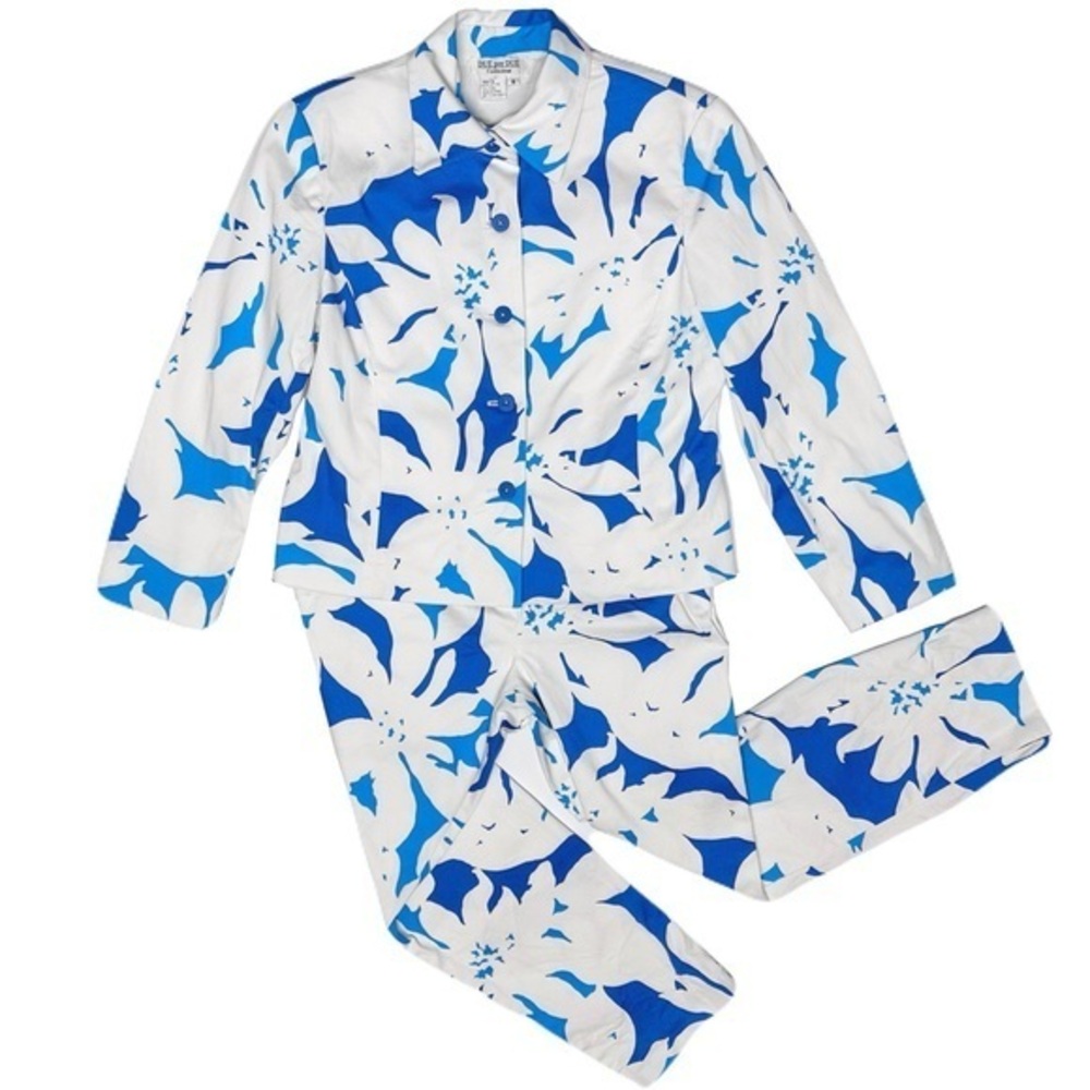 Due Per Due Pantsuit Set White Blue Floral Blazer Trousers Resort Coastal Sz 8